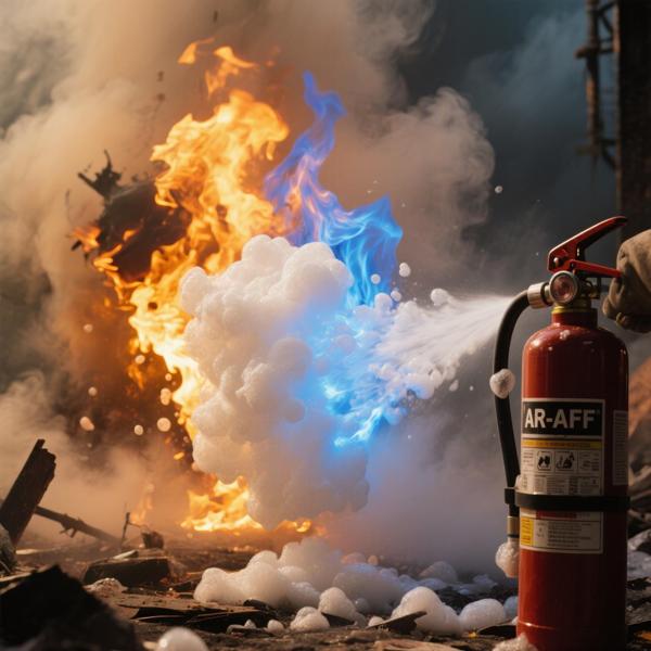 Afff extinterador de fuego pulverizar espuma sobre dobles llamas de combustible con fuego naranja y azul, lo que demuestra la supresi&oacute;n de hidrocarburos y